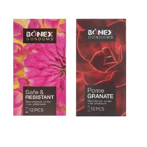 	 کاندوم بونکس مدل Pome Granate بسته 12 عددی به همراه کاندوم بونکس مدل Safe & Resistant بسته 12 عددی