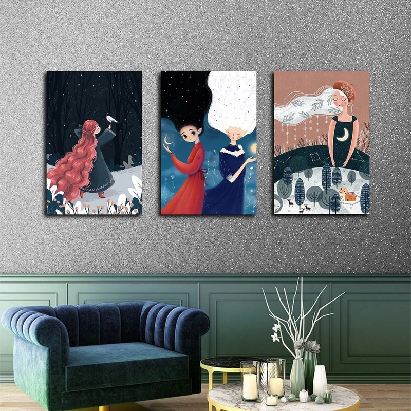 تابلو شاسی بکلیت طرح نقاشی دخترانه و فانتزی مدل SH-2640 مجموعه 3 عددی