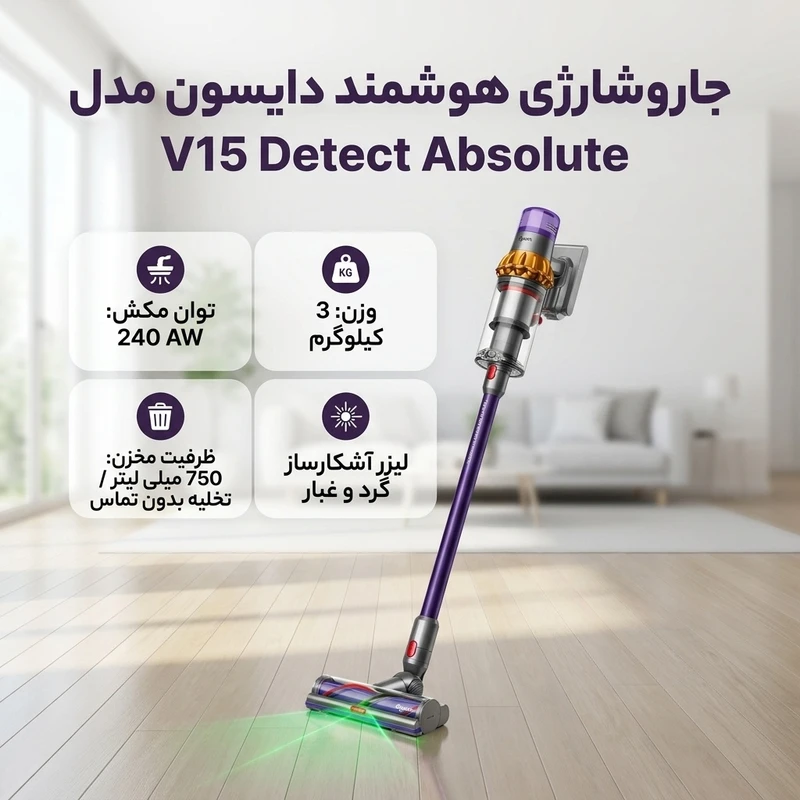 عکس شماره 2 : جاروشارژی هوشمند دایسون مدل v15 detect absolute