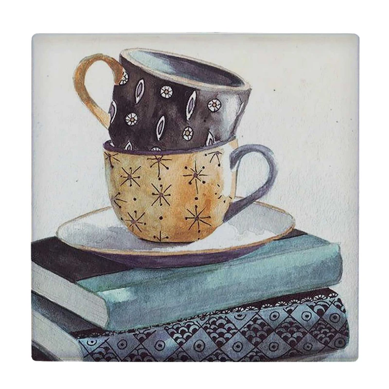 زیر لیوانی  طرح نقاشی فنجان ها و کتاب ها کد    6147770_5424