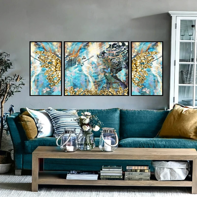 تابلو ساده بکلیت طرح مدرن دیجیتال آرت مدل شاین اکلیلی B-2897 فریم مشکی مجموعه 3 عددی