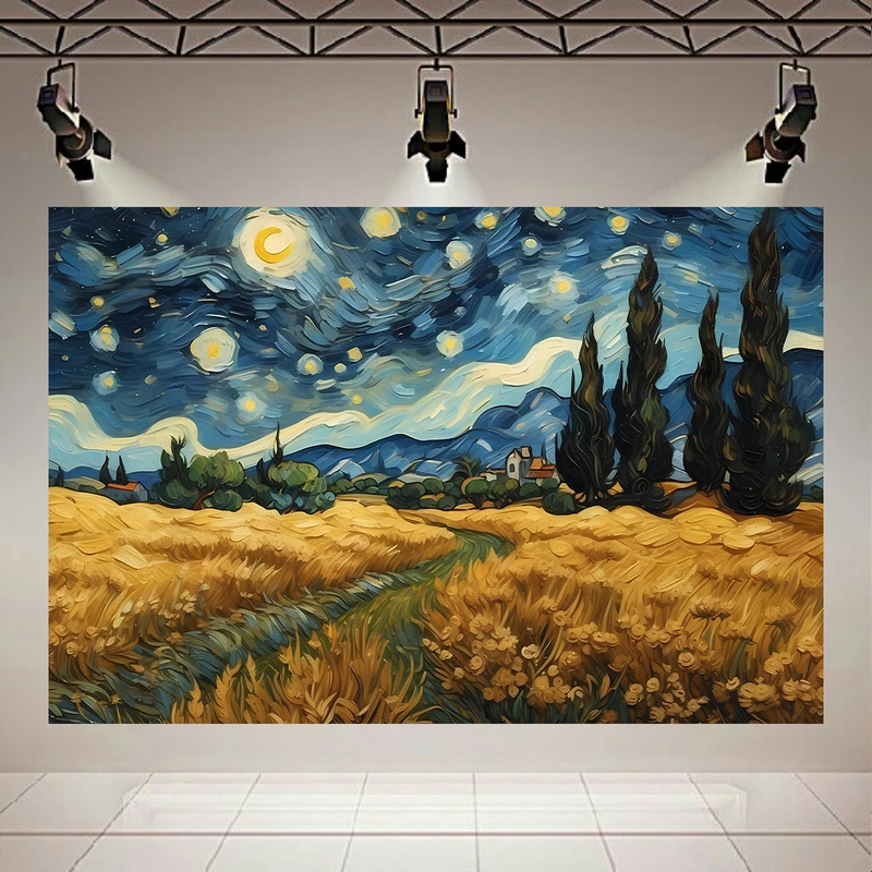 پوستر پارچه ای طرح مخمل نقاشی شب پرستاره مدل مزرعه گندم کد AR304001