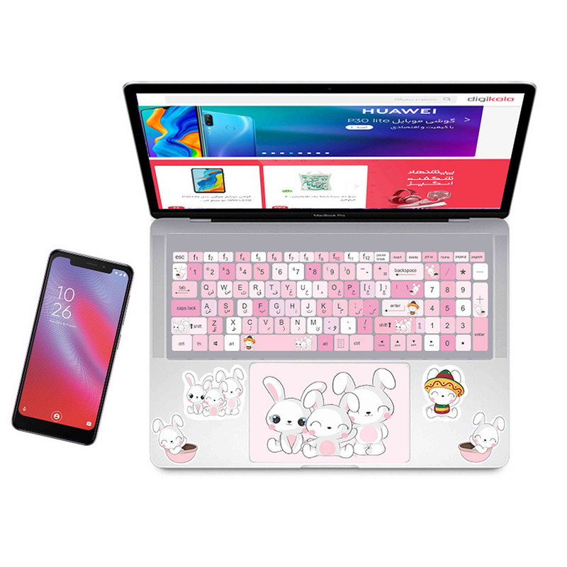 استیکر لپ تاپ راتیانا مدل pink bunny friends1  مناسب برای لپ تاپ 15 تا 17 اینچ به همراه برچسب حروف فارسی کیبورد