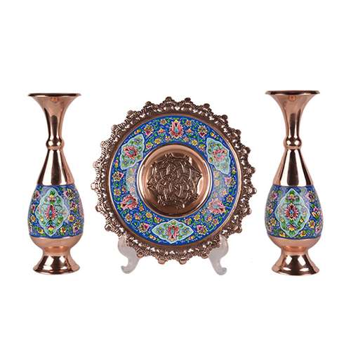 ست 3 تکه بشقاب و گلدان میناکاری هنرلوکس مدل پرداز MS25