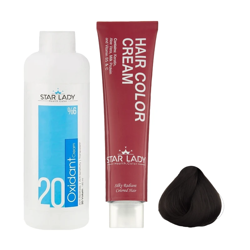 رنگ مو استارلیدی شماره 6.2 حجم 120 میلی لیتر رنگ بلوند دودی تیره به همراه اکسیدان استارلیدی مدل 20 شش درصدی حجم 180 میلی لیتر