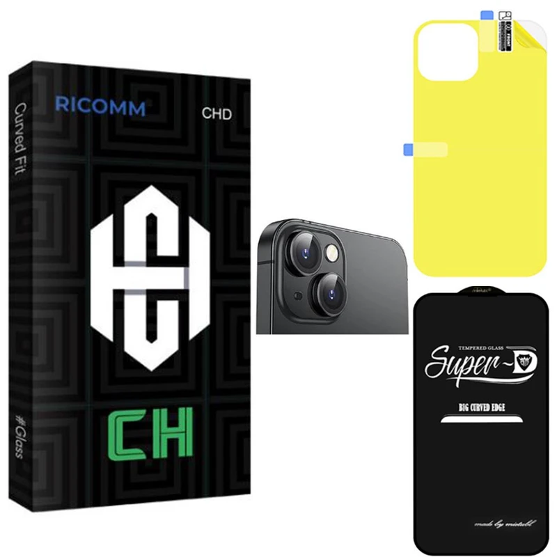 محافظ صفحه نمایش شیشه ای ریکام  مدل CH Super-D مناسب برای گوشی موبایل اپل iPhone 14 به همراه محافظ پشت گوشی و لنز دوربین