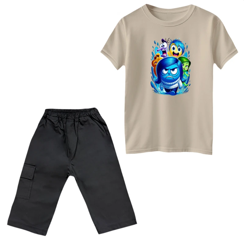 ست تی‌شرت آستین کوتاه و شلوارک دخترانه مدل انیمیشن درون و بیرون کد 9   رنگ کرم