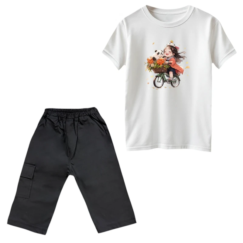 ست تی‌شرت و شلوارک دخترانه مدل دخترک و‌ دوچرخه