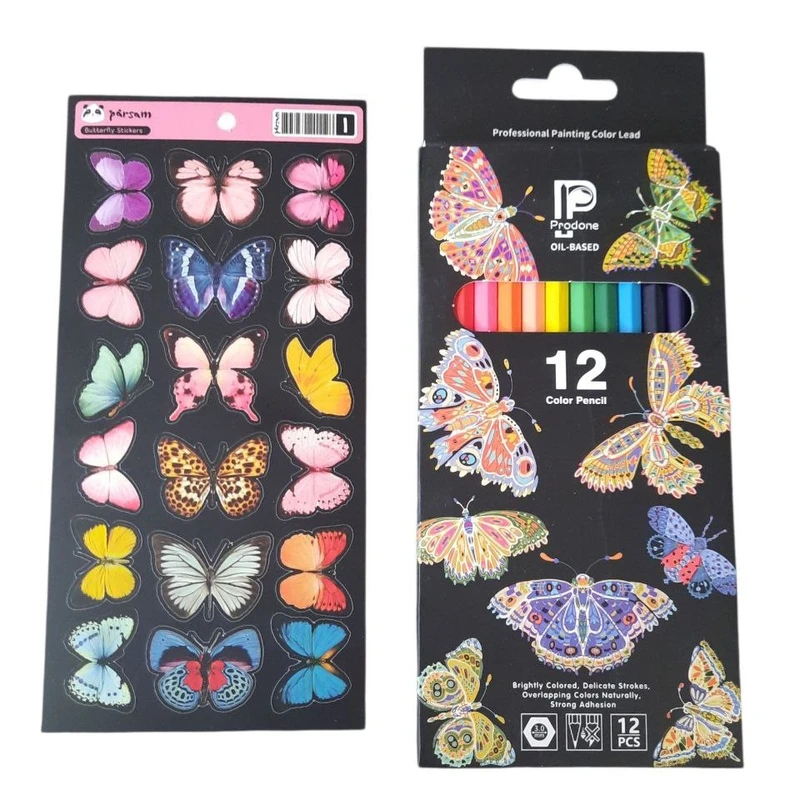 مداد رنگی 12 رنگ پرودون مدل پاستلی طرح پروانه کد mn32 به همراه برچسب