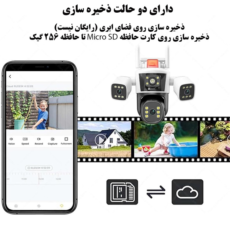 دوربین مداربسته تحت شبکه سیم‌کارتی 3 مگاپیکسلی مدل QQ849-WP-4-4G، دارای 3 لنز، اتصال 4G، چرخش افقی و عمودی، دید در شب، تشخیص حرکت، تعقیب سوژه، مکالمه دوطرفه، پشتیبانی از کارت حافظه Micro SD تا 256 گیگابایت و استاندارد ضدآب IP66