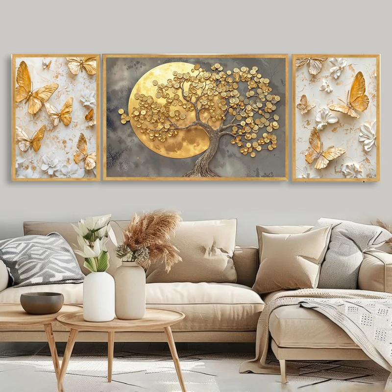 تابلو طرح دکوراتیو طبیعت مدل درخت و گل کد 1525 فریم طلایی مجموعه سه عددی