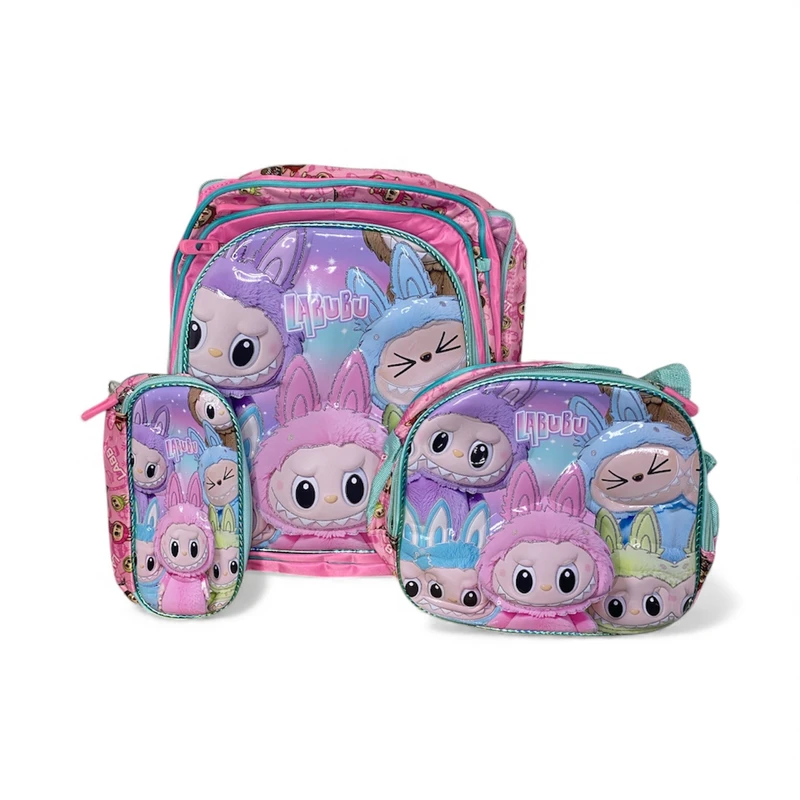 کوله پشتی مدرسه مدل لبوبو به همراه کیف تغذیه و جامدادی