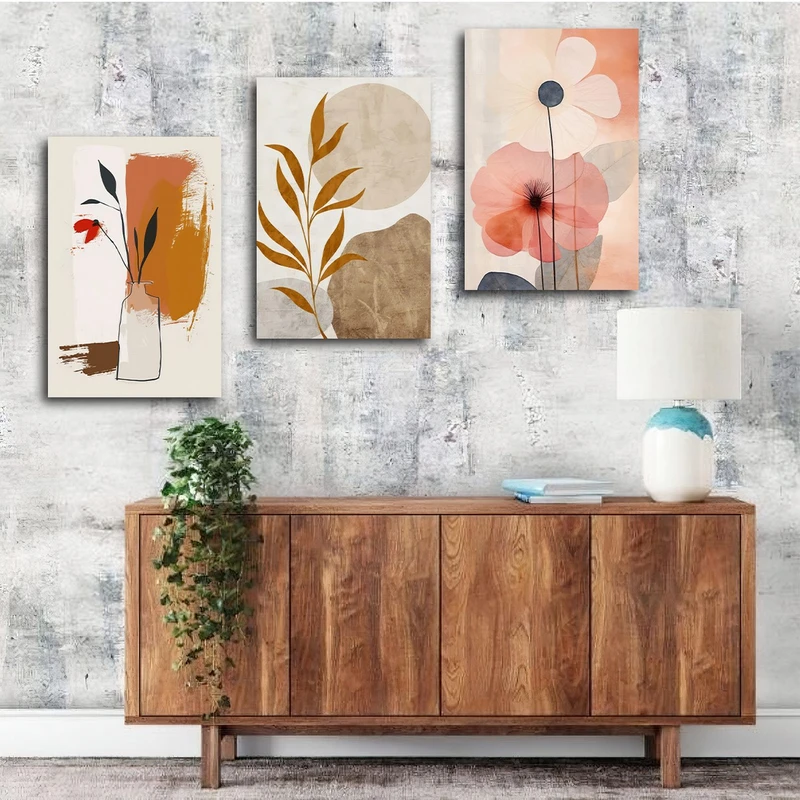 تابلو شاسی بکلیت طرح نقاشی مینیمال گل و گلدان مدل SH-2964 مجموعه 3 عددی