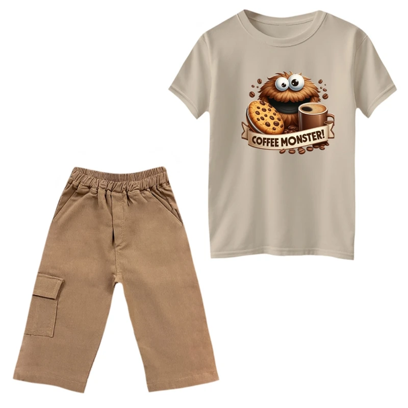 ست تی‌شرت و شلوارک پسرانه مدل قهوه و هیولا