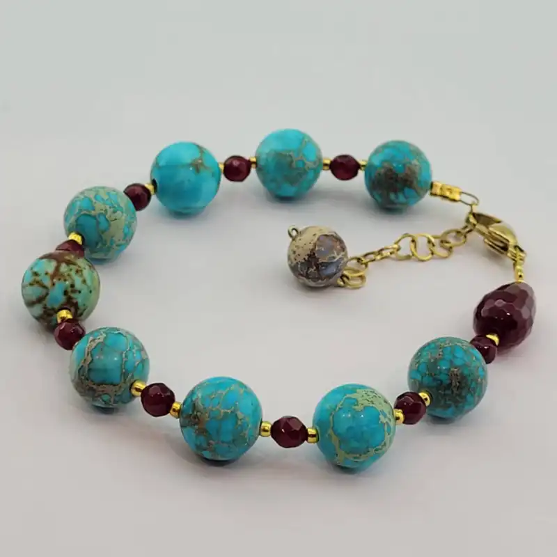 دستبند زنانه مدل سنگ فیروزه آفریقایی و عقیق  یاقوتی کد 412