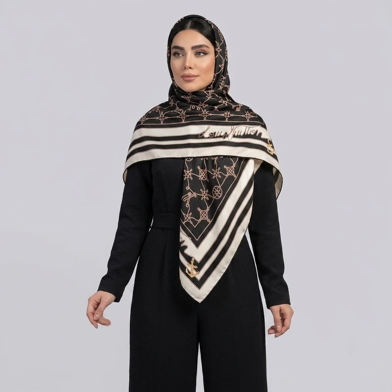 روسری ابریشم توییل زنانه مدل لنگر کد H37 با طول و عرض 125×125 سانتی‌متر