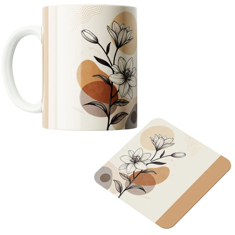 ماگ پاد آفرین مدل گل مینیمال کد z402 به همراه زیر لیوانی