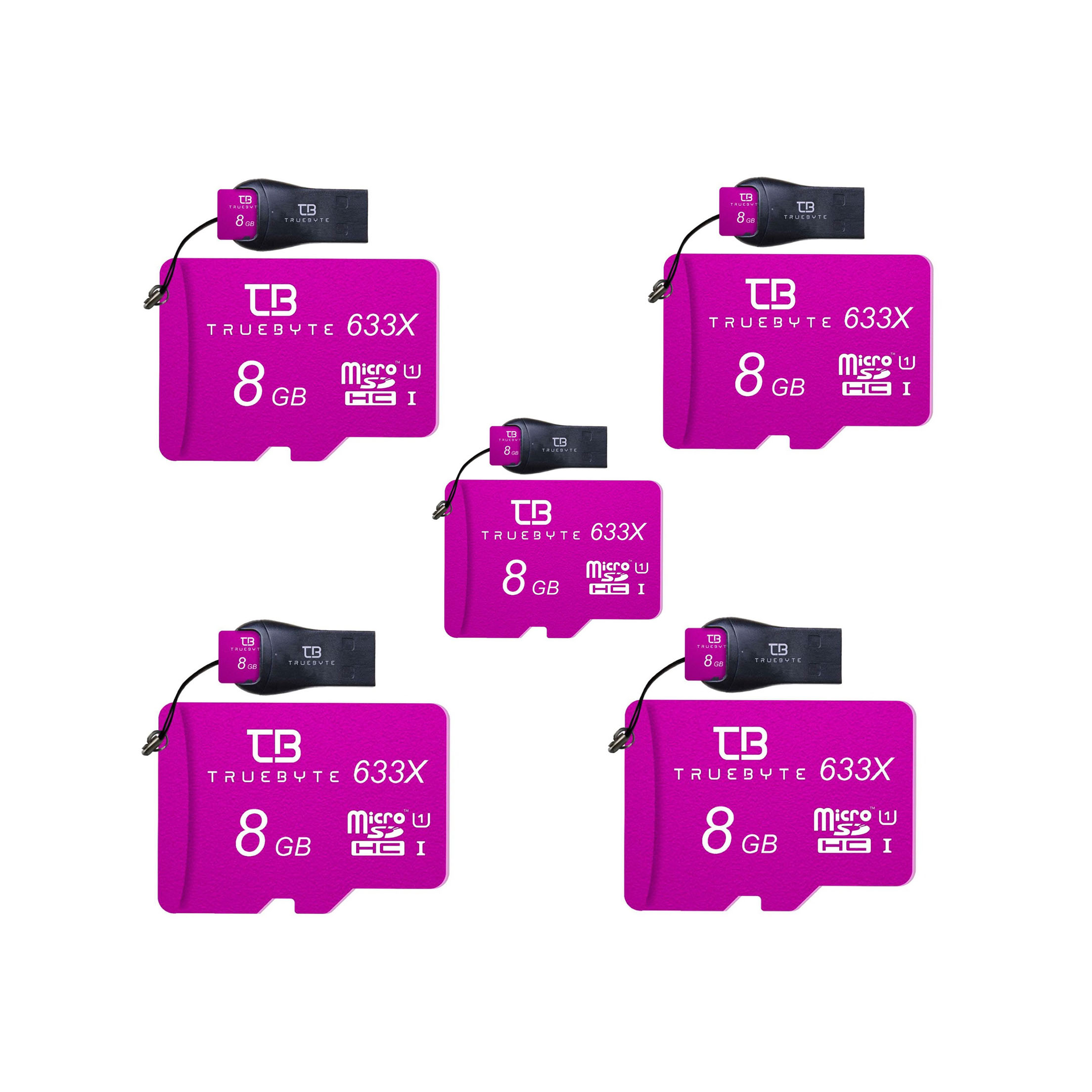 کارت حافظه microSD HC تروبایت مدل 633X کلاس 10 استاندارد UHS-I U1 سرعت 95MBps ظرفیت 8 گیگابایت به همراه کارت خوان بسته 5 عددی