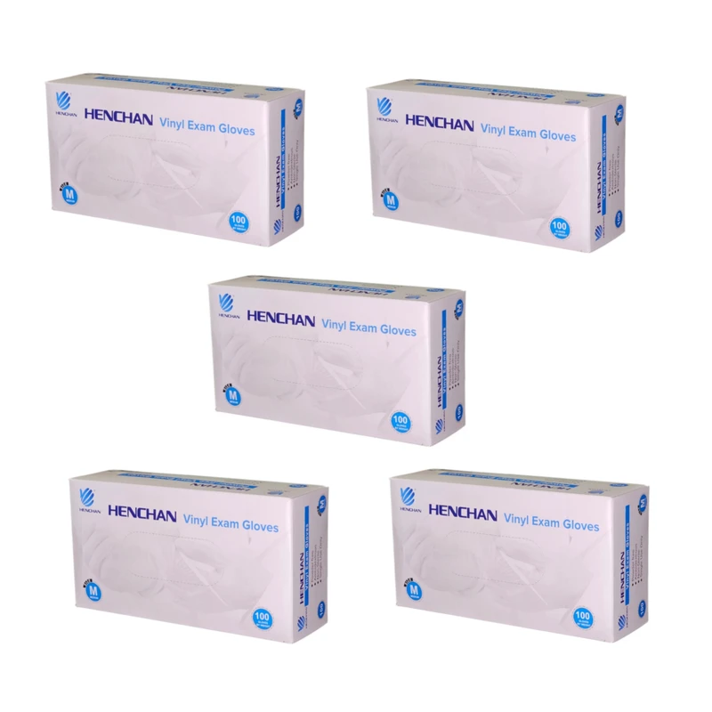 دستکش وینیل غیر پودری هنچان مدل M5 سایز متوسط (M) بسته 5 عددی