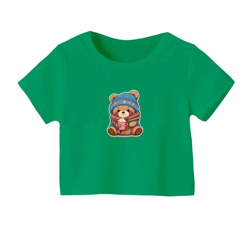 کراپ‌ تی‌شرت آستین کوتاه زنانه مدل خرس زمستونی