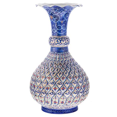 گلدان مسی میناکاری شده اثر اسماعیلی مدل خمره ای طرح خانه بندی ارتفاع 18 سانتی متر