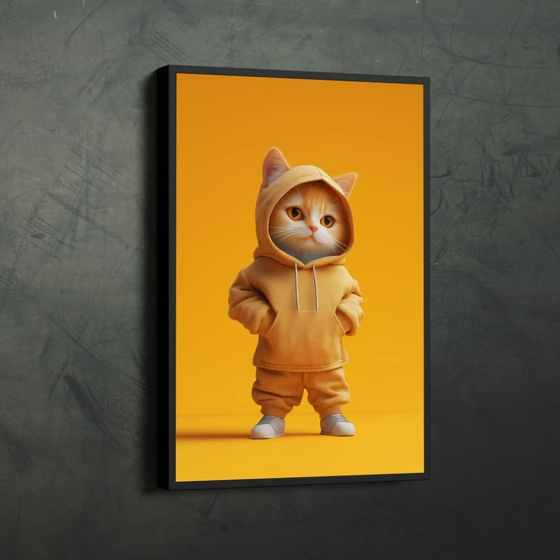 تابلو طرح گربه هودی پوش فریم مشکی