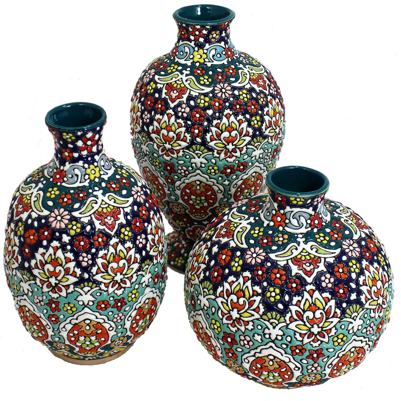 گلدان سفالی دست نگار طرح میناکاری مجموعه 3 عددی