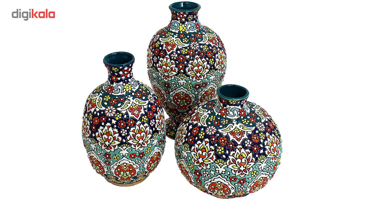 گلدان سفالی دست نگار طرح میناکاری مجموعه 3 عددی