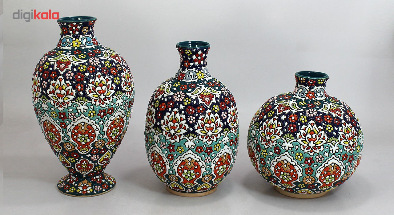 گلدان سفالی دست نگار طرح میناکاری مجموعه 3 عددی