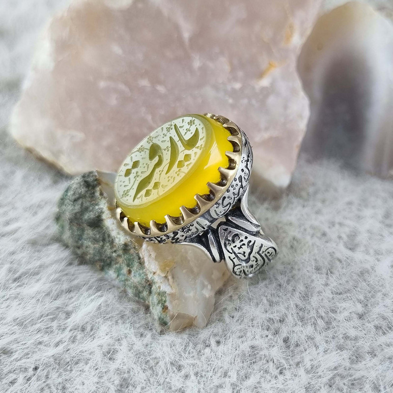 انگشتر نقره مردانه ملک زیور مدل چهارده معصوم حکاکی دستی عقیق یا رقیه کد 403