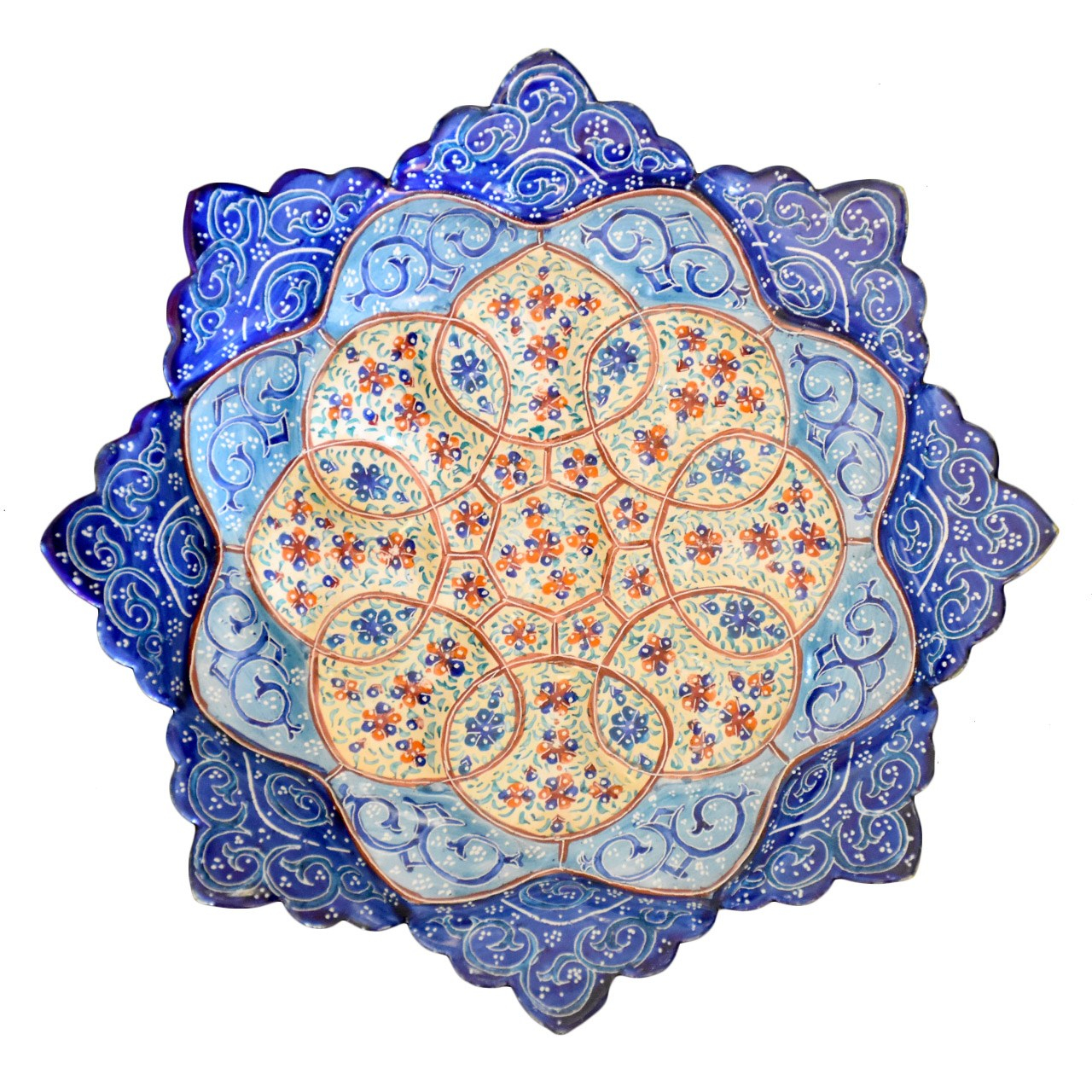 بشقاب مسی میناکاری شده سی دا طرح اسلیمی خطائی کد MI01073 قطر 16 سانتی متر