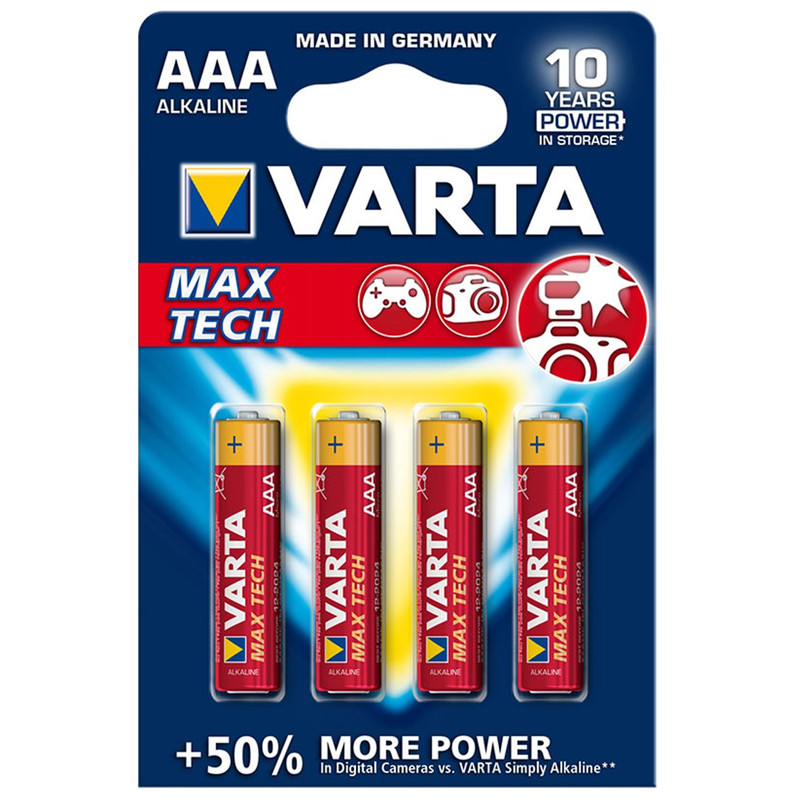 باتری نیم‌قلمی وارتا مدل MAX TECH ALKALINE LR03-AAA بسته 4 عددی