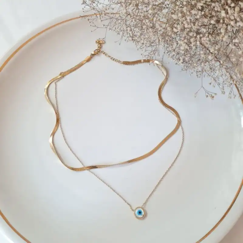 گردنبند زنانه مدل دوردیفه چشم نظر صدفی زنجیر ماری 010