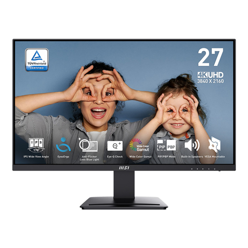 مانیتور 27 اینچ ام اس آی مدل PRO MP273U، رزولوشن 4K UHD، پنل IPS، نرخ بروزرسانی 60 هرتز، با نسبت تصویر 16:9، دارای اسپیکر داخلی، دارای پورت HDMI و DisplayPort و خروجی هدفون