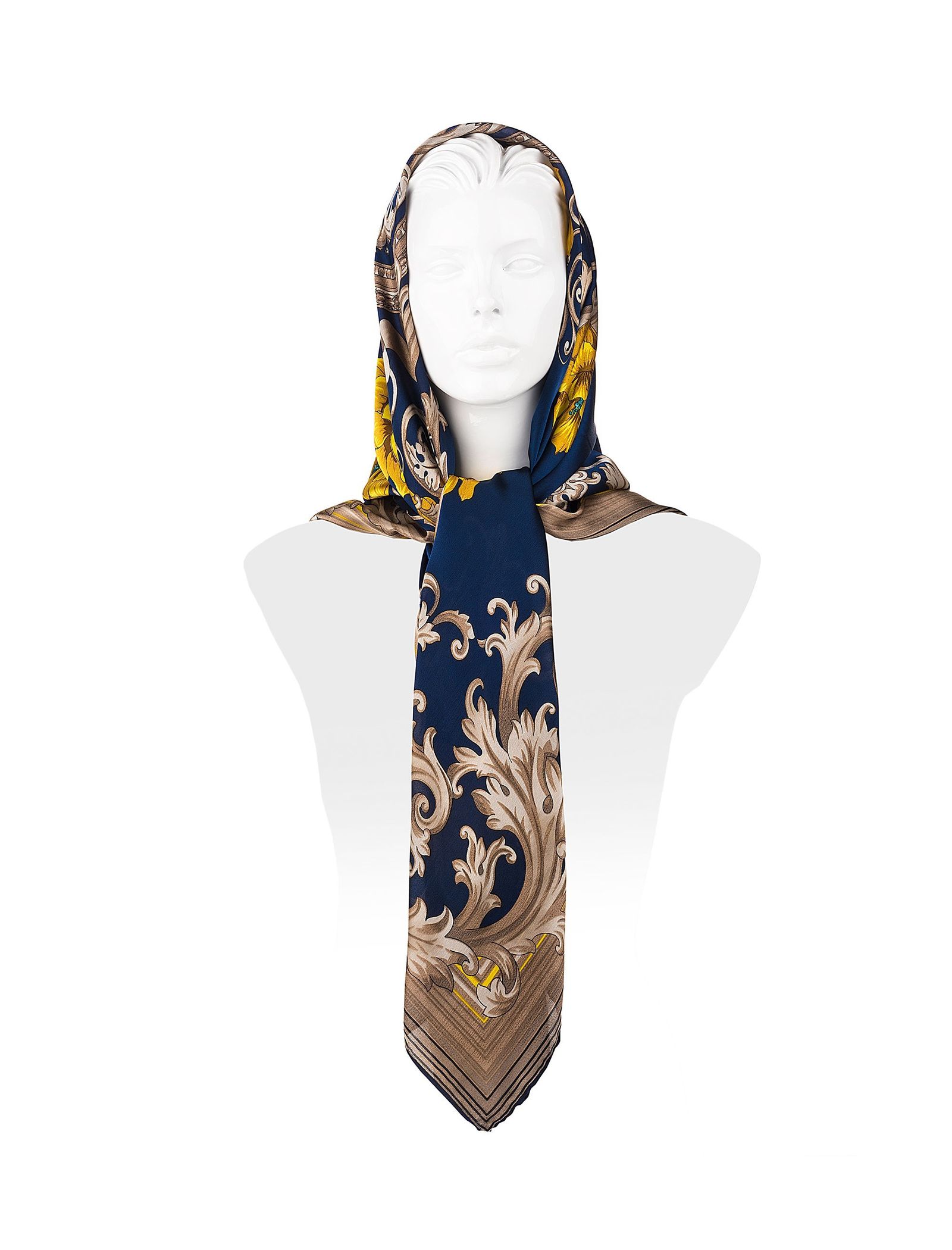 روسری ابریشمی زنانه - رزتی - سرمه اي و قهوه اي - 1