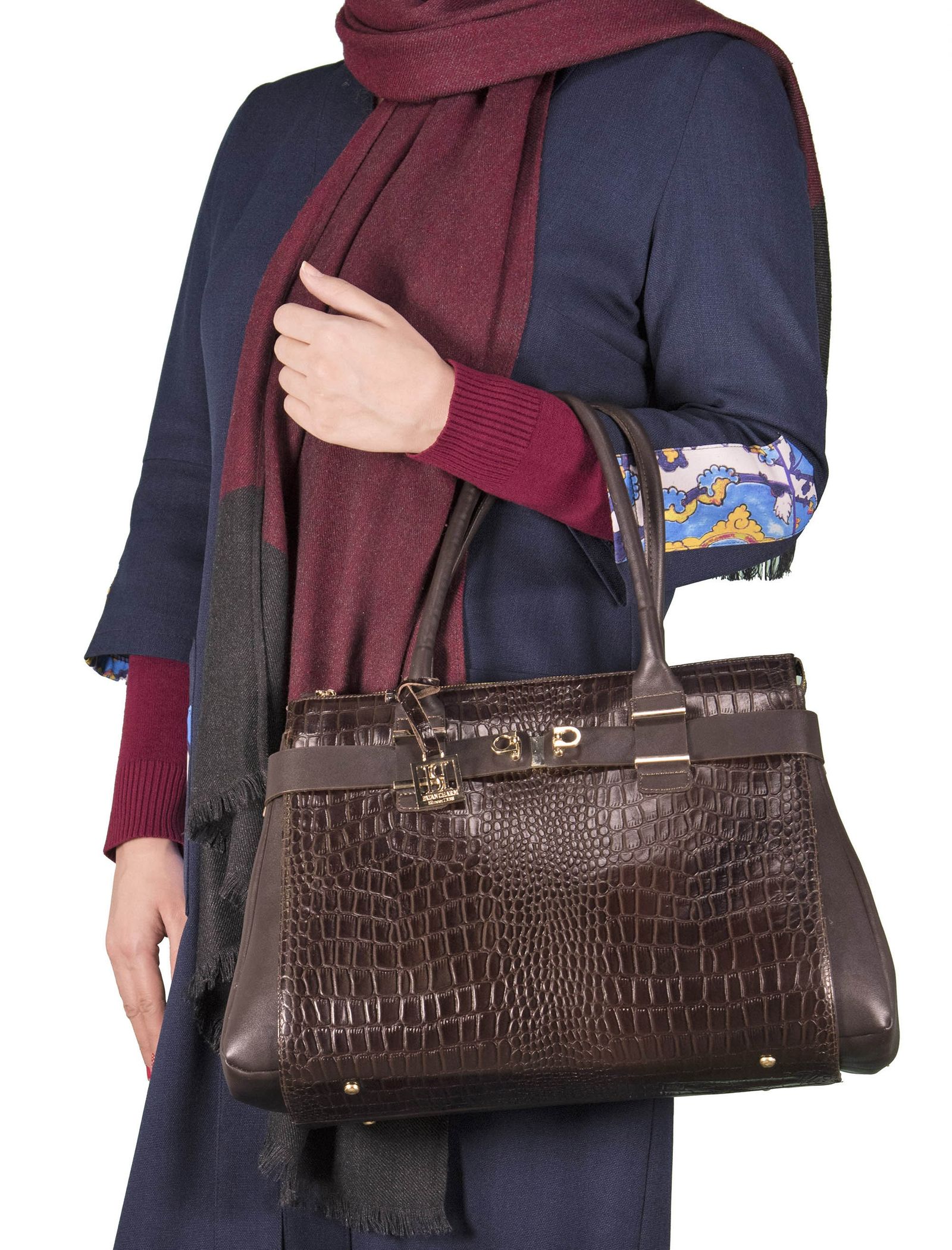 کیف دوشی زنانه - پاتن چرم - قهوه اي سنگي  - 7