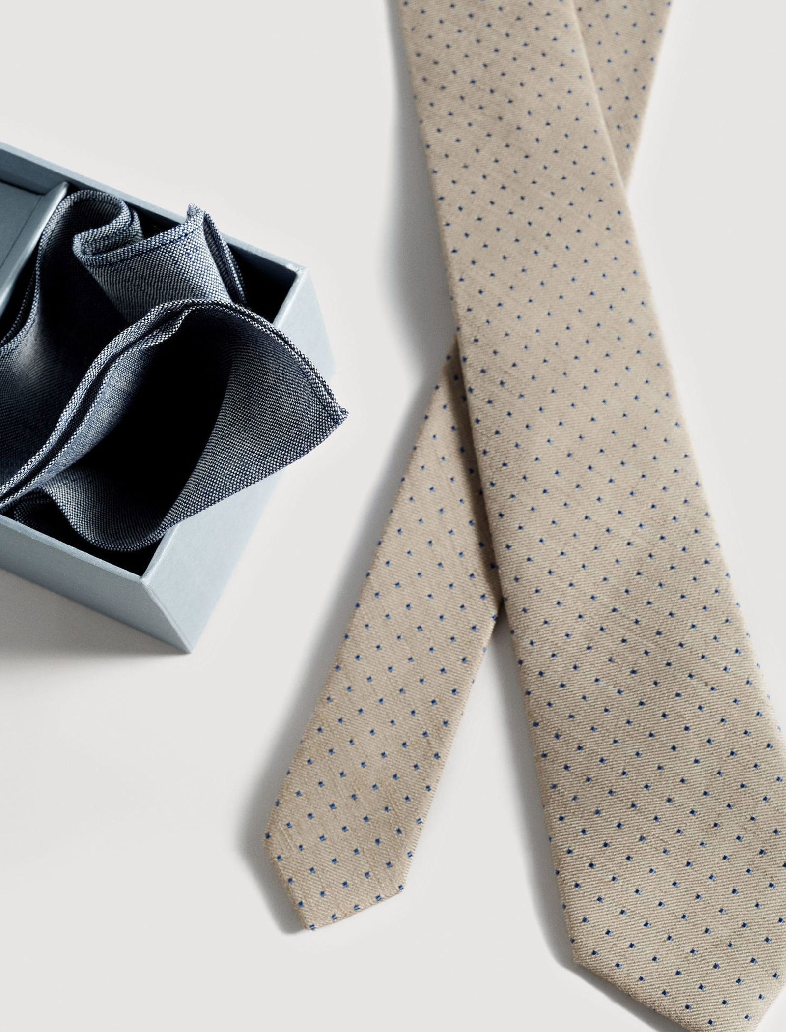 کراوات ابریشم طرح دار مردانه - مانگو تک سایز - بژ/سرمه اي - 6