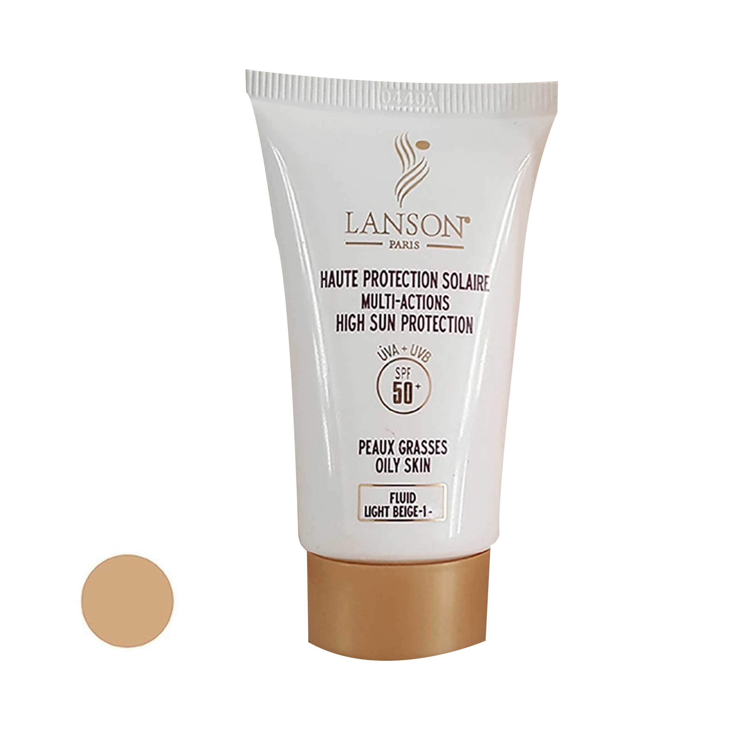 مراقبت پوست فلوئید ضد آفتاب رنگی لانسون SPF50 مدل مالتی اکشن محافظ UVA ،UVB مناسب پوست‌های چرب حجم 40 میلی‌لیتر