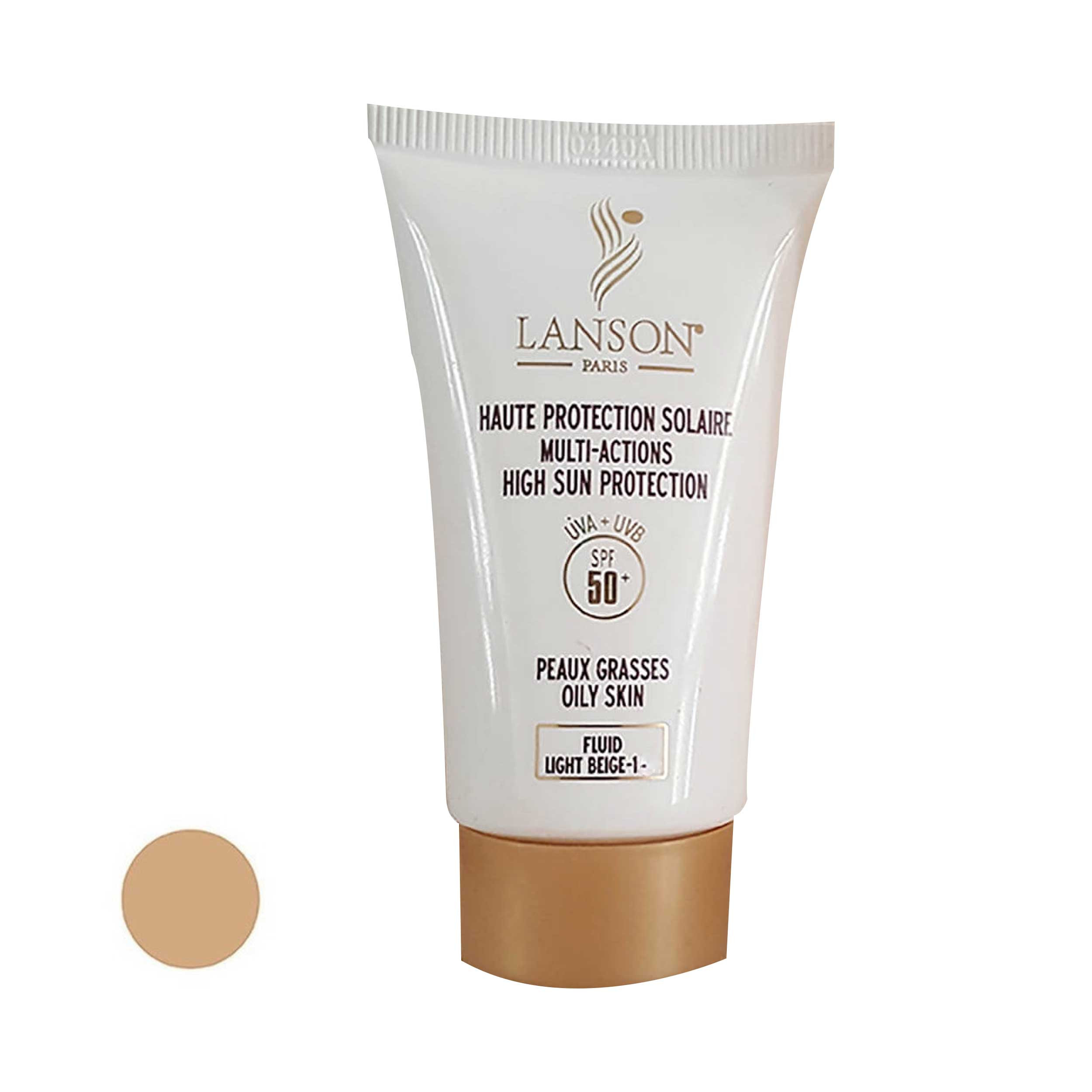 فلوئید ضد آفتاب رنگی لانسون SPF50 مدل مالتی اکشن محافظ UVA ،UVB مناسب پوست‌های چرب حجم 40 میلی‌لیتر