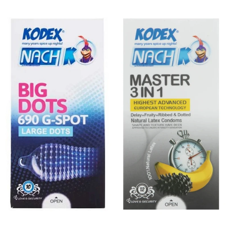 کاندوم خاردار ناچ کدکس مدل بیگ دات بسته 10 عددی به همراه کاندوم تاخیری ناچ کدکس مدل مستر بسته 12 عددی