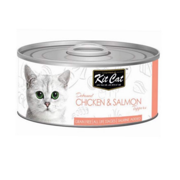 کنسرو غذای گربه کیت کت مدل مرغ و ماهی سالمون وزن 80 گرم