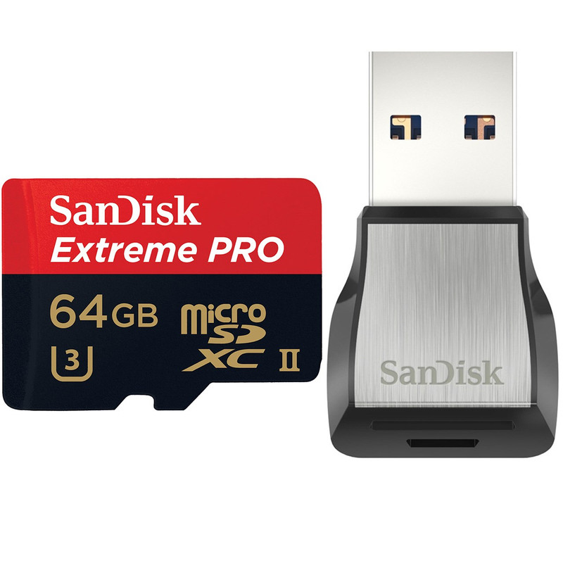 تصویر کارت حافظه microSDXC سن دیسک مدل Extreme PRO کلاس 10 استاندارد UHS-II U3 سرعت 275MBps همراه با ریدر USB 3.0 ظرفیت 64 گیگابایت