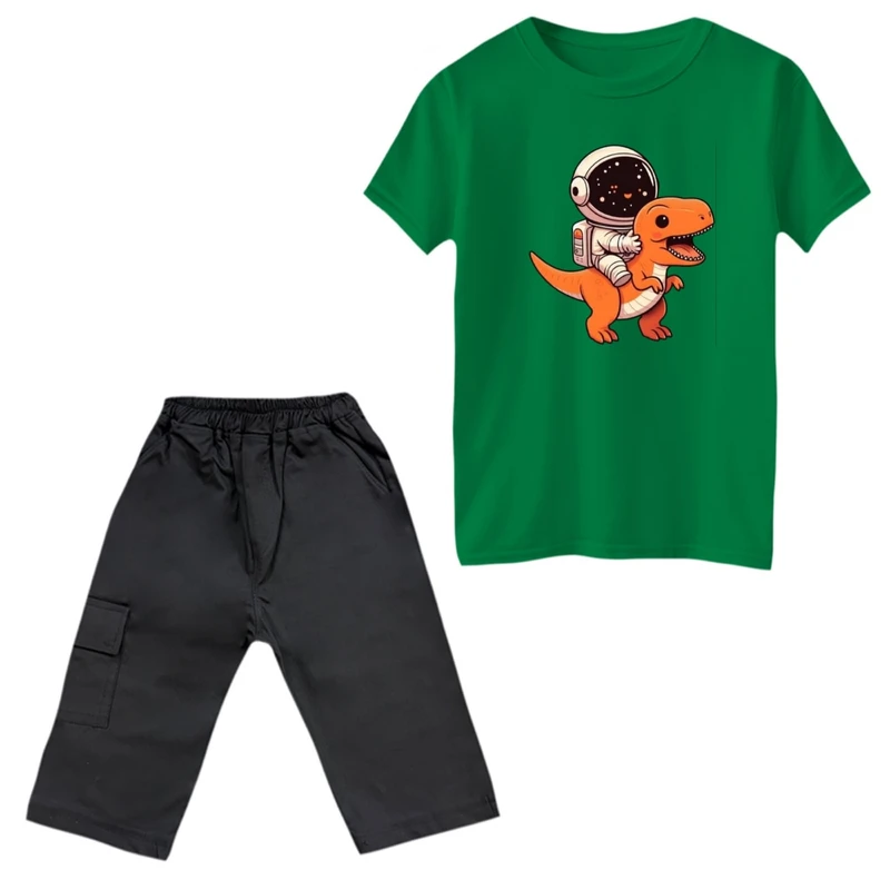 ست تی‌شرت و شلوارک پسرانه مدل دایناسور و فضانورد