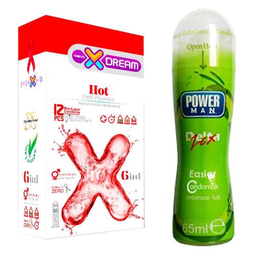 کاندوم ایکس دریم مدل Hot 6 in 1 بسته 12 عددی به همراه ژل روان کننده دلتا مدل Lubricant