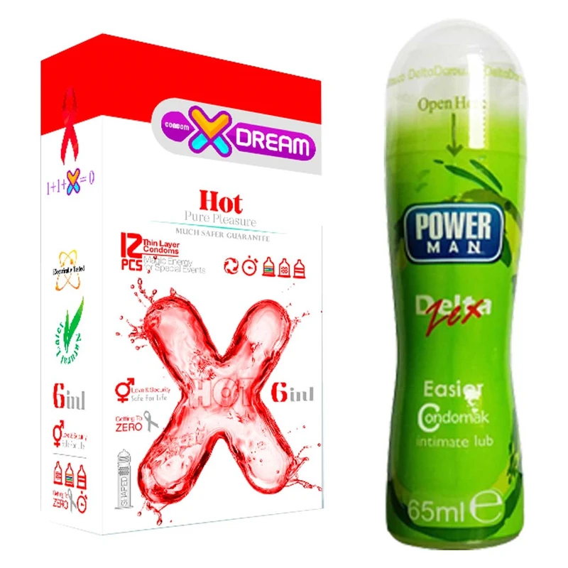 کاندوم ایکس دریم مدل Hot 6 in 1 بسته 12 عددی به همراه ژل روان کننده دلتا مدل Lubricant