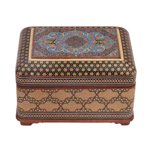 جعبه جواهرات خاتم کاری چوبی مدل خمره‌ای کد 1713