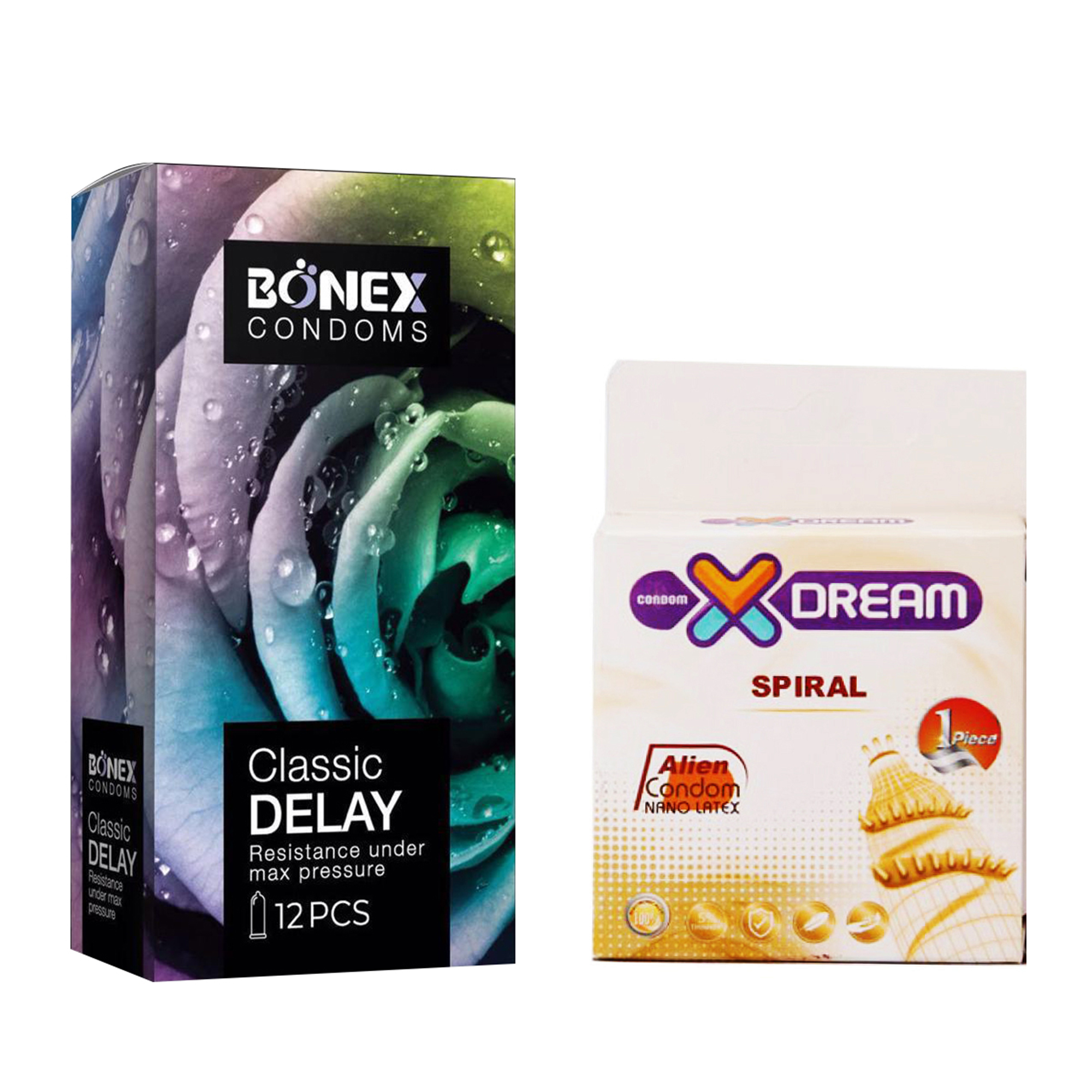 کاندوم بونکس مدل Classic Delay بسته 12 عددی به همراه کاندوم ایکس دریم مدل Spiral