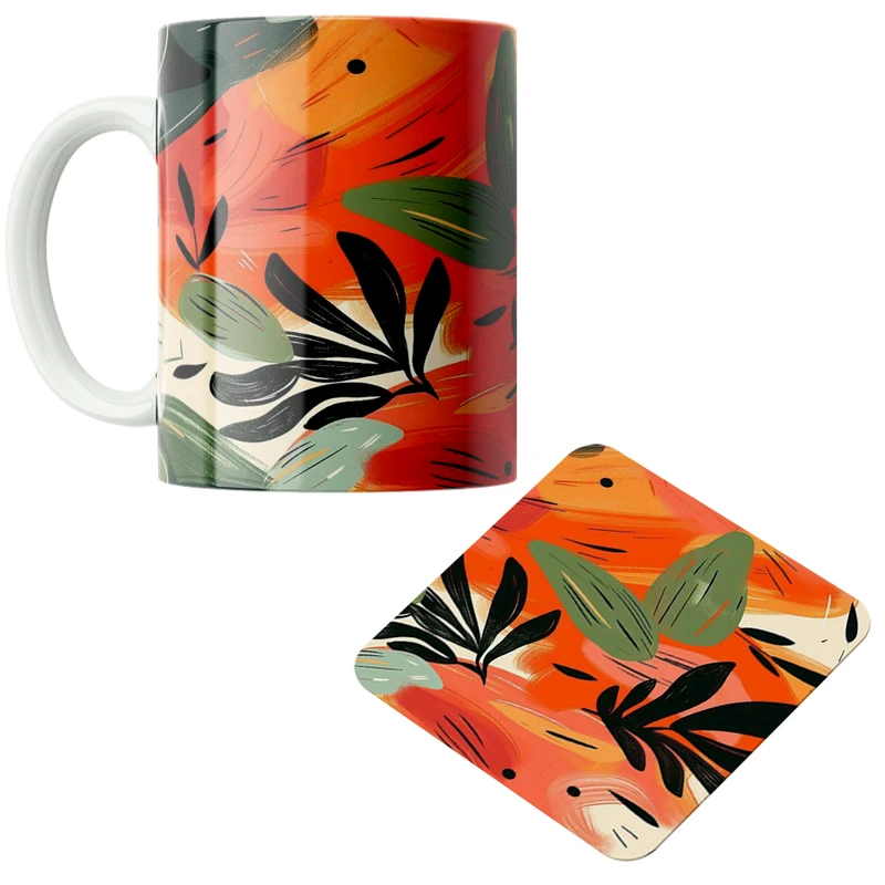 ماگ پاد آفرین مدل برگ های فانتزی کد DKC614 به همراه زیر لیوانی