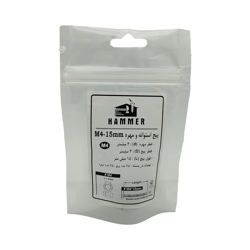 پیچ و مهره هامر مدل استوانه کد M4-15mm بسته 50 عددی