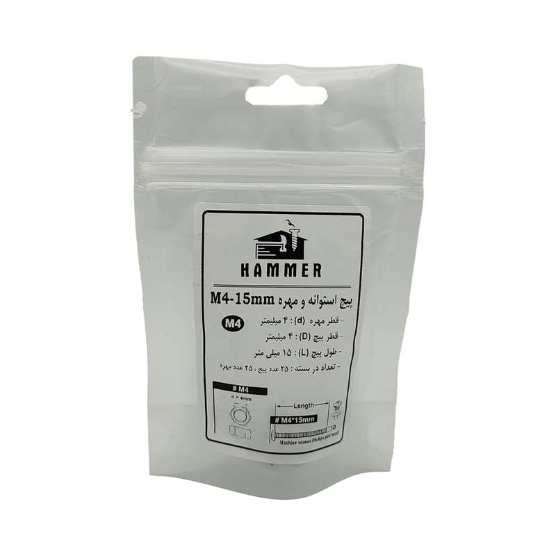 پیچ و مهره هامر مدل استوانه کد M4-15mm بسته 50 عددی